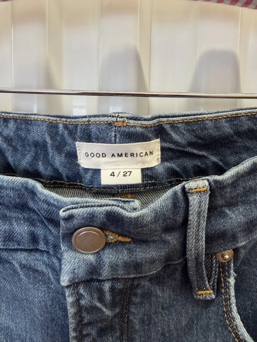 Good American Jeans Size 27 Blue High Rise Straight Leg Raw Hem Denim 4/27‎